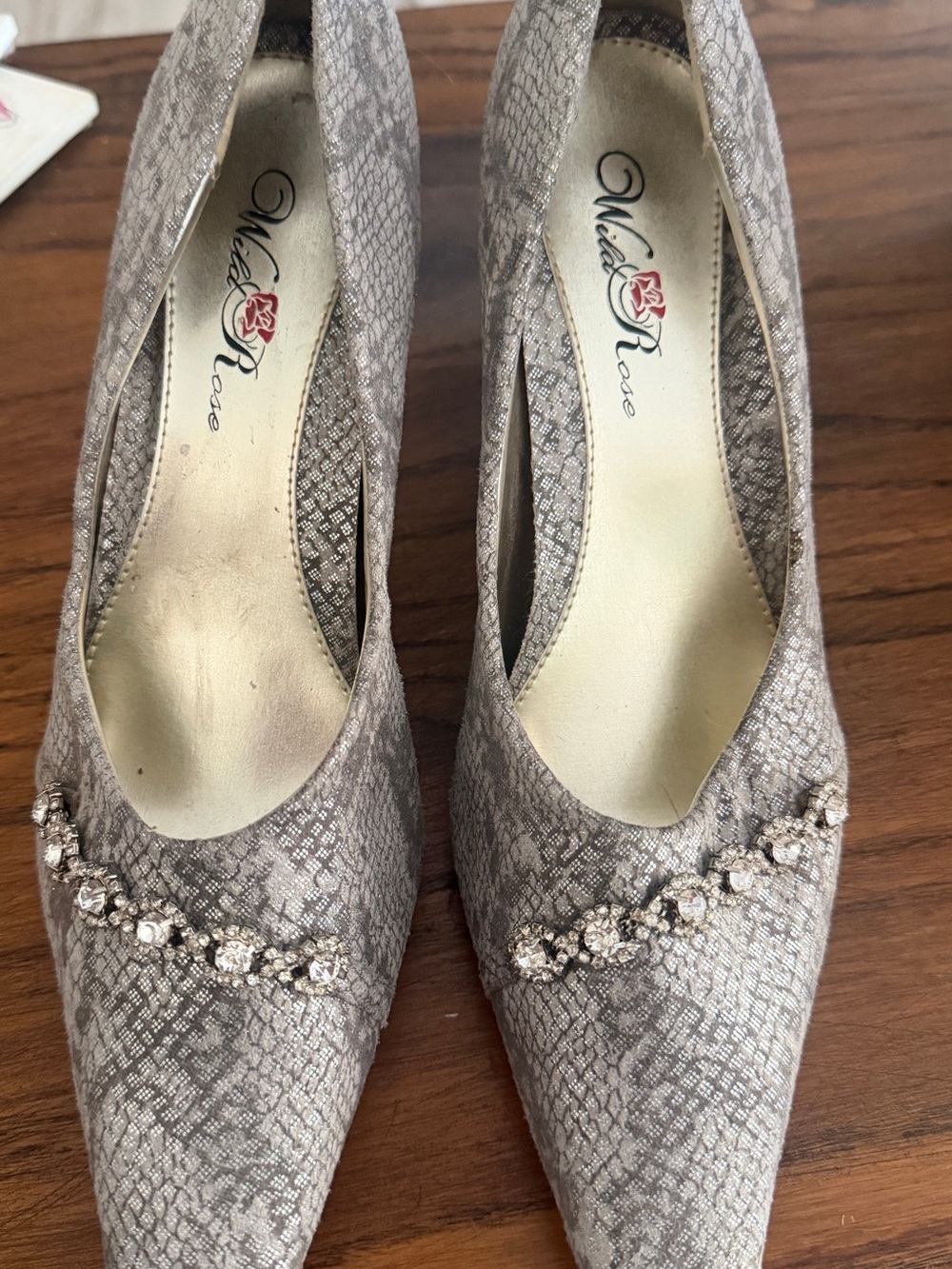 Wild Rose Taupe Snake-Print Pointed Pumps with Crystal Accent